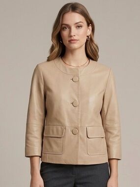Liz Claiborne Lamb Leather Beige Button Front 3/4 Sleeve Jacket S